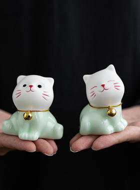 青瓷可爱小猫咪摆件陶瓷动物卡通治愈系萌宠招财家居客厅桌面装饰