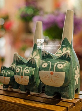 木质小猫咪一家摆件手绘卡通可爱北欧动物家居客厅装饰品摆设森系