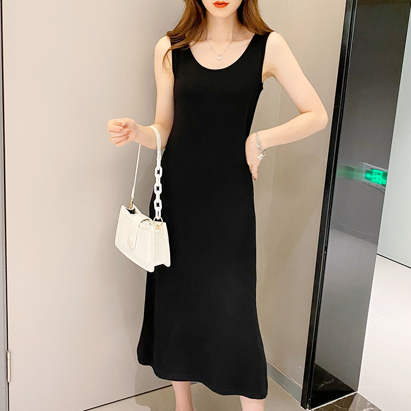 长款背心无袖连衣裙女开叉春夏季修身显瘦大码黑色打底长裙a字裙