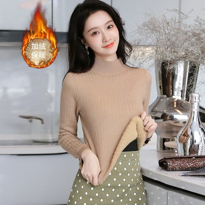 半高领加绒毛衣女加厚短款秋冬季一体绒小个子上衣保暖内搭打底衫