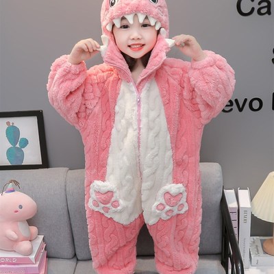 儿童连体睡衣珊瑚绒秋冬男童防踢被恐龙宝宝睡袋女童法兰绒家居服