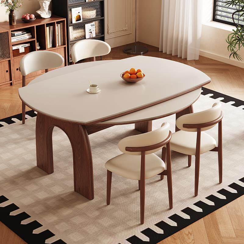 中古风实木岩板餐桌家用小户型可变圆桌复古凯旋门可伸缩饭桌