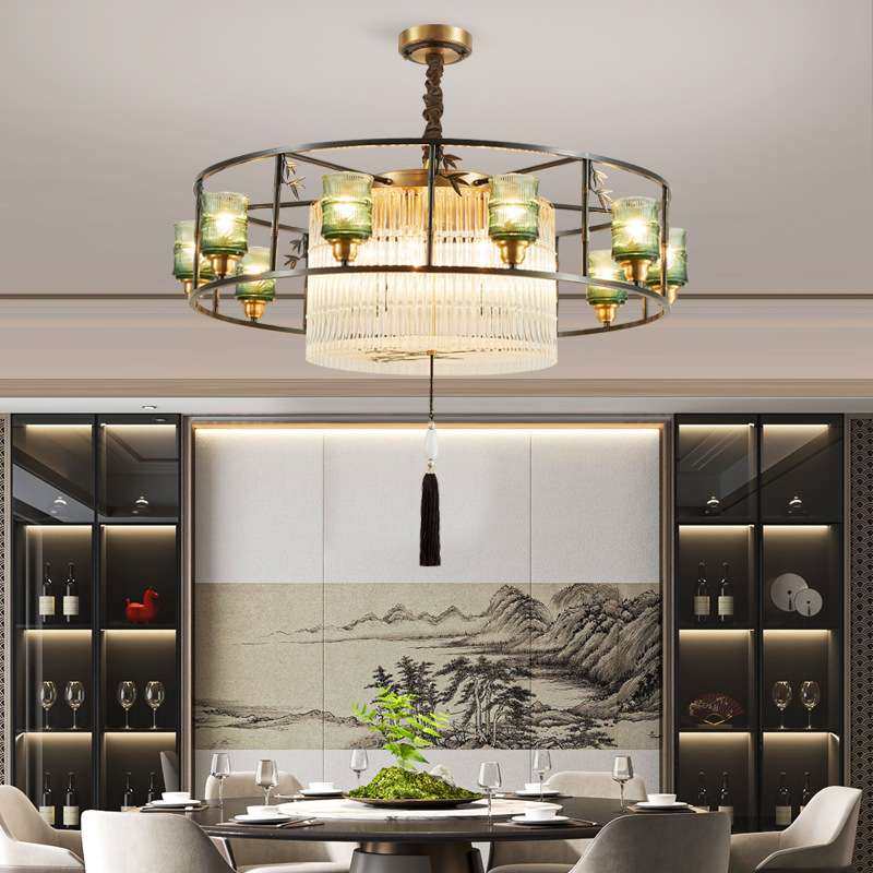 新中式客厅吊灯吸吊两用型饭店包间宴会厅餐厅灯新款全铜轻奢灯具