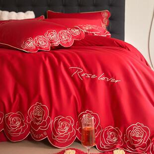 全棉长绒棉四件套刺绣纯棉被套大红色床单婚庆嫁娶结婚床上用品