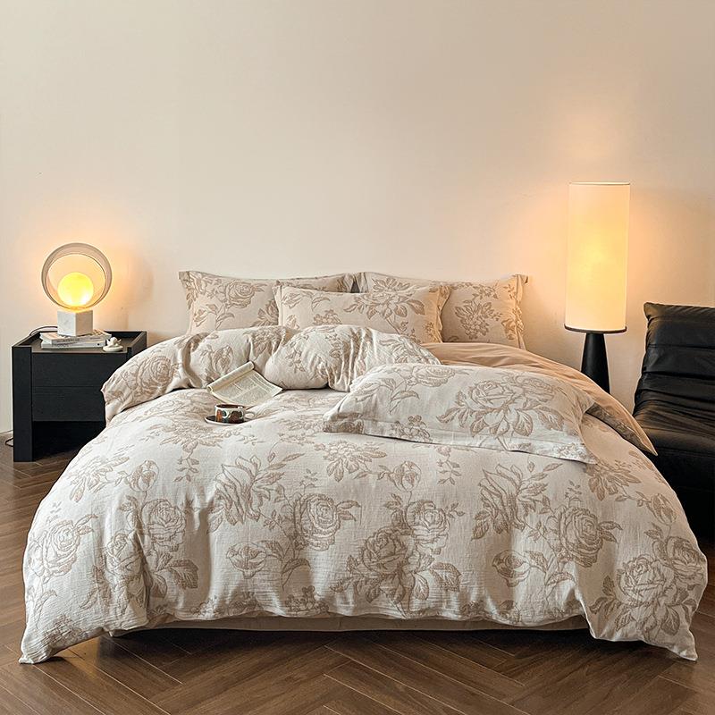 秋冬色织提花四件套纯棉磨毛三层纱加厚全棉床单被套三件套南通市