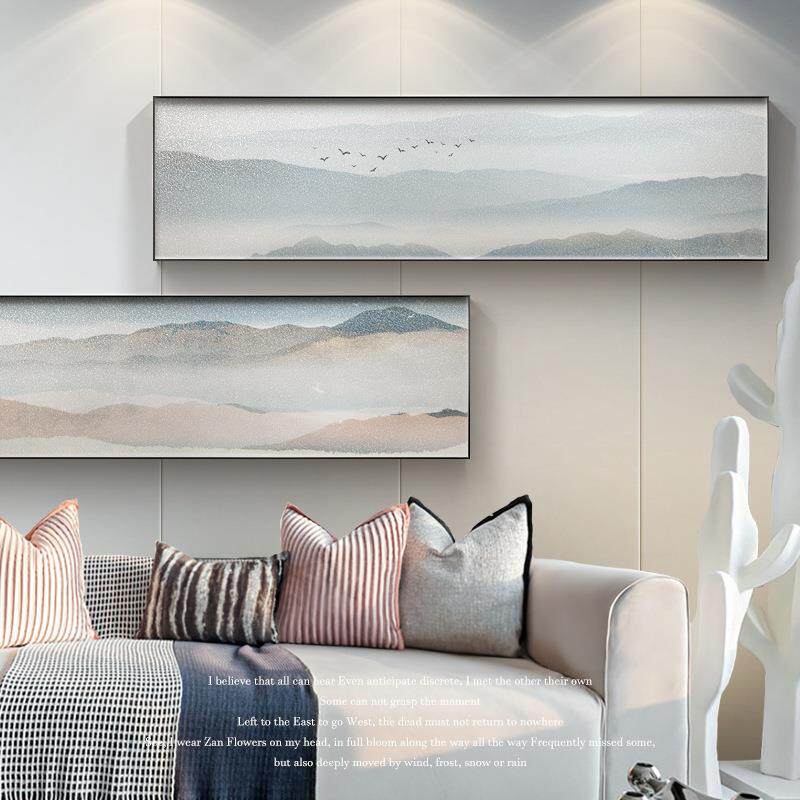 新中式山水客厅装饰画横幅卧室挂画油画布艺术书房字画