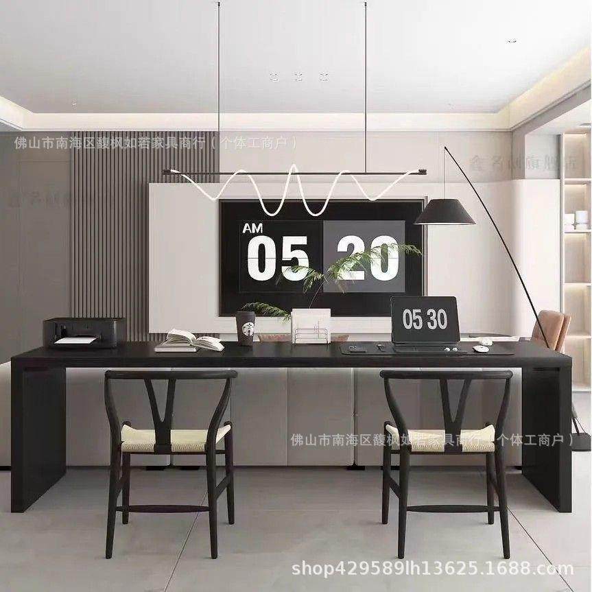 极简黑色客厅双人实木书桌家用超长沙发后靠长条桌学习写字工作台
