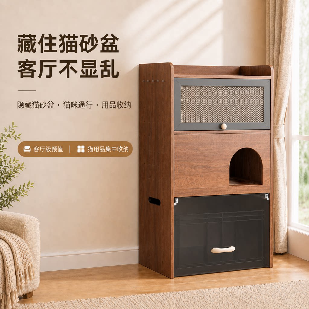 隐藏猫砂盆,客厅不再杂乱