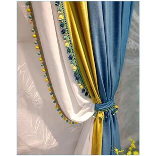 纯色窗帘遮光 简约现代蓝色窗帘客厅地中海清新蓝 拼接窗帘北欧