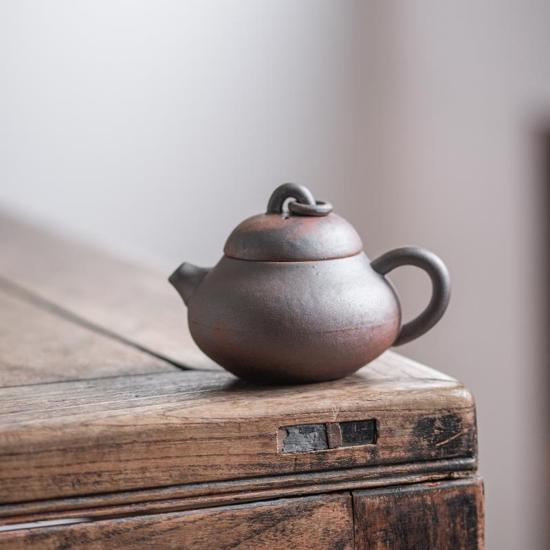 粗陶无釉茶壶粗陶梨形壶老岩泥侧把壶陶土提梁单壶家用陶瓷泡茶器