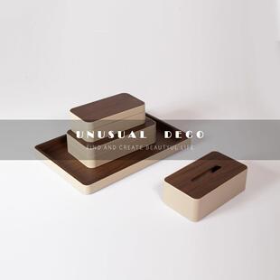 现代轻奢高端木质装饰品样板间售楼处客厅原木色托盘纸巾盒摆件