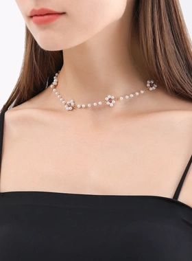 欧美饰品 小号仿珍珠串珠雏菊花朵项链潮女 创意编织几何项饰