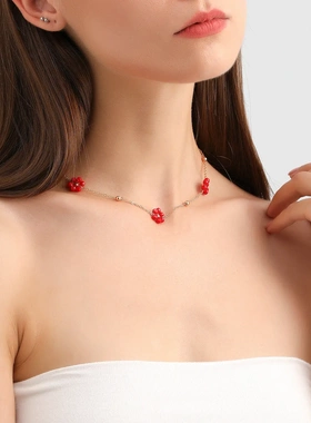 欧美饰品波西米亚彩色水晶花朵圆珠链项饰女创意编织雏菊项链