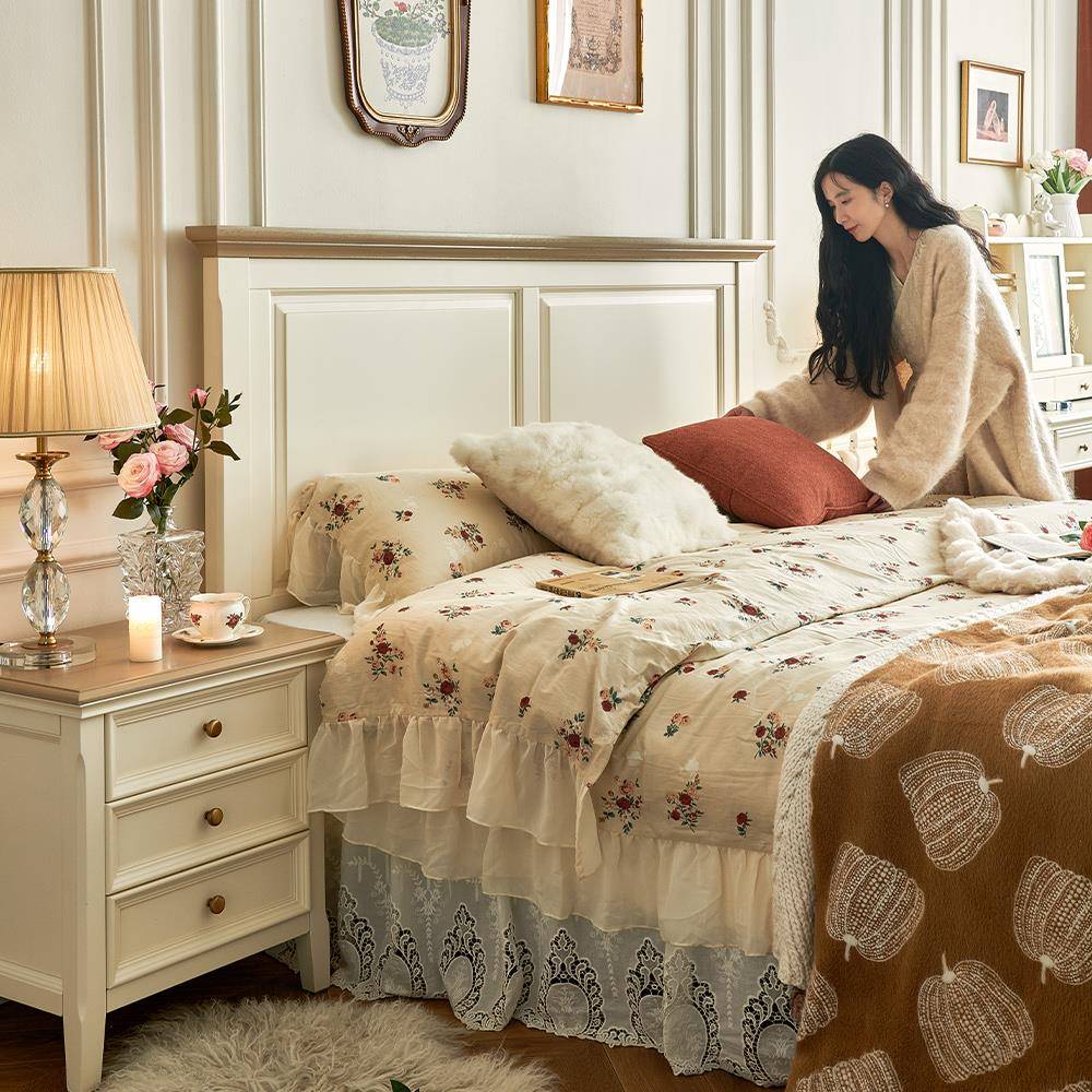 美式床实木床白色轻法式奶油风全原木简约主卧家具高箱储物双人床