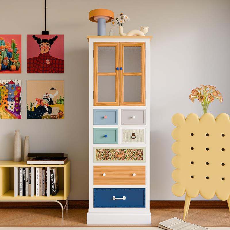 美式乡村实木斗柜田园彩绘高柜客厅角柜多功能斗橱地中海玻璃柜子