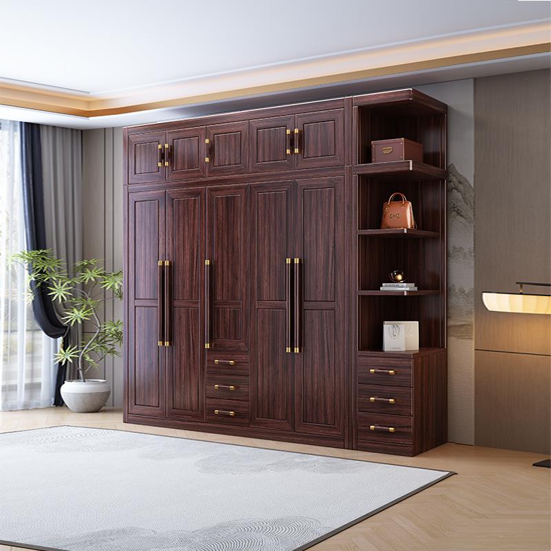 新中式乌金木实木衣柜带顶柜转角柜主卧室轻奢家用三四五六门衣橱