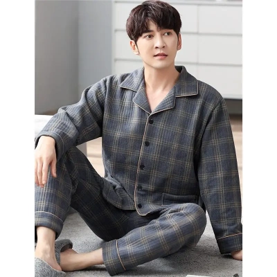 睡衣男士春秋款加厚纯棉长袖秋冬款薄款夹棉男款冬季空气棉家居服