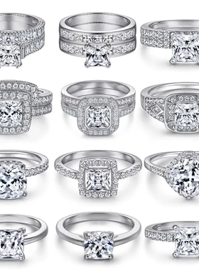 方钻s925银戒指欧美方形锆石纯银戒指不掉色女士钻戒组合套戒