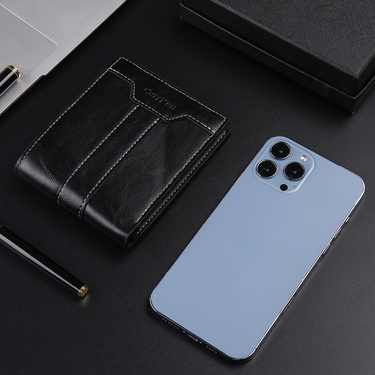 新款钱包男士时尚商务潮流双面PU短款拼接平纹硬币零钱包