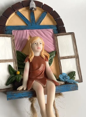 仙女门花园奇妙摆件可爱仙女爬绳树脂挂件 庭院设计装饰