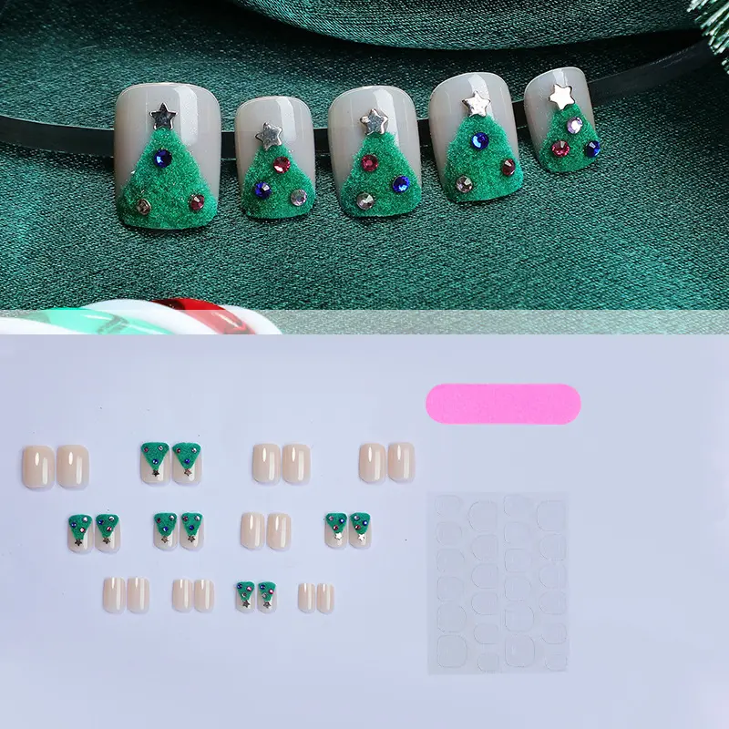 欧美热卖绿色穿戴甲新款植绒粉圣诞树短方甲点钻美甲假指甲片法式