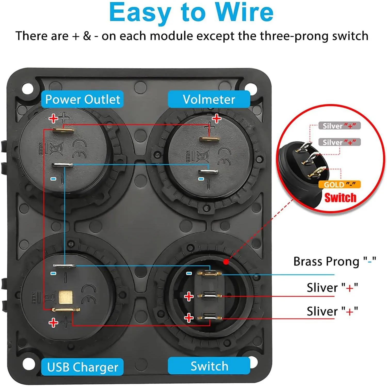汽车游艇改装四孔面板装双usb车充加母座加电压表开关新款