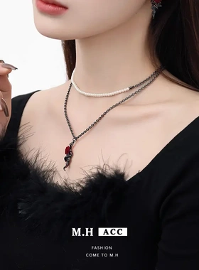 个性蛇缠绕玫瑰花叠戴珍珠项链欧美风时尚毛衣链双层轻奢项饰
