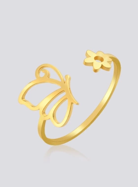 热销韩版韩式轻奢甜美风切割不锈钢金色花朵开口女生戒指