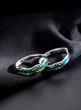 s925极光情侣戒指绿色滴釉银河小众设计感男女对戒礼物一对
