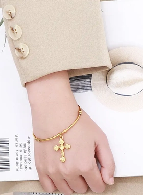 欧美时尚钛钢饰品气质玫瑰花十字架金色开口手镯复古手环