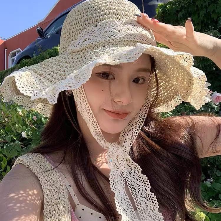 in草帽蕾丝花边系带女生夏季海边出游沙滩透气防晒百搭遮阳帽子