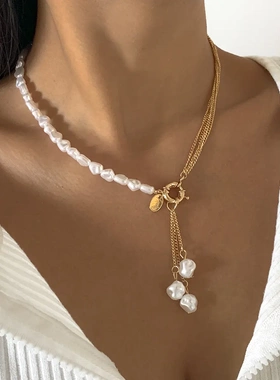 欧美饰品 巴异形珍珠流苏项链 气质简约几何多层链条项饰