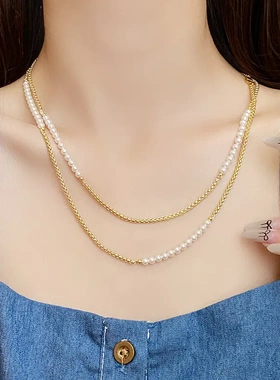 真金电镀双层拼接珍珠项链双层叠戴风锁骨链法式复古气质项饰