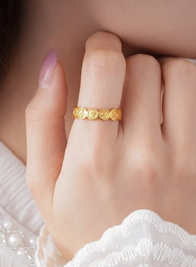 真金电镀古法金开口戒指新中式平安喜乐食指戒高级感国潮复古手饰