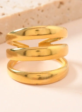 欧美时尚夸张风不锈钢饰品 简约油压三线镀18k金钛钢开口戒指