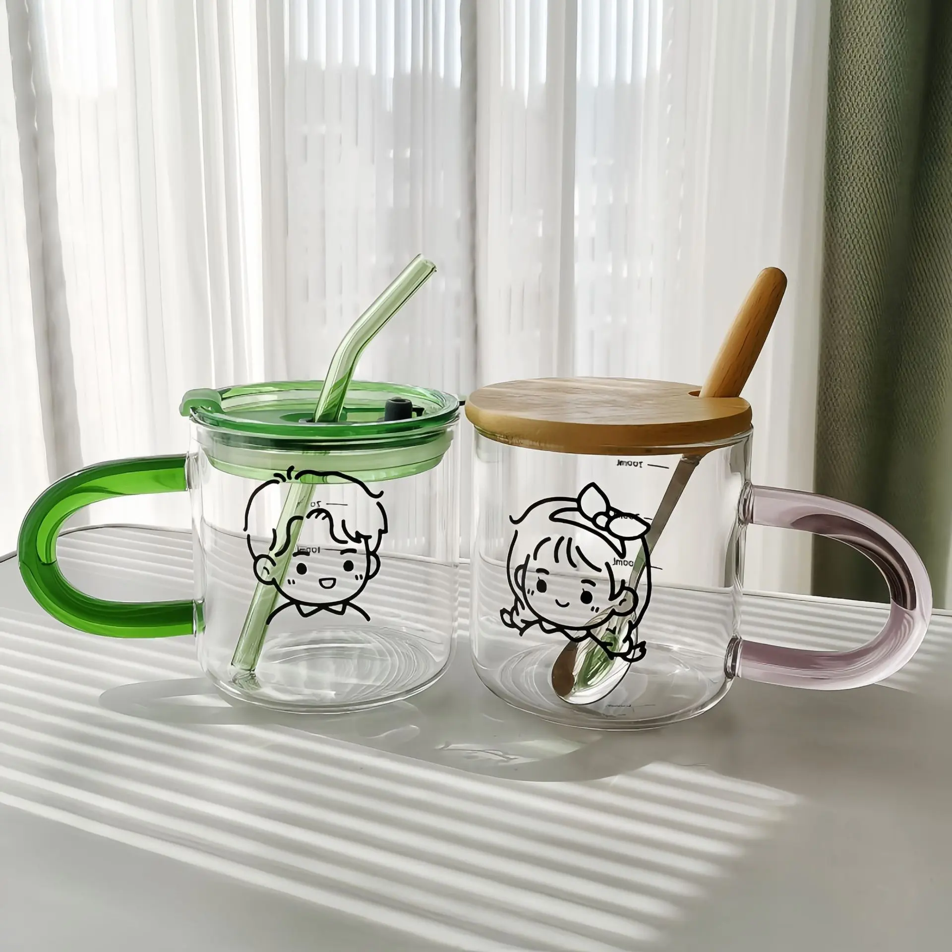 清新卡通ins玻璃杯牛奶早餐杯加盖勺吸管杯大容量宿舍家用女礼物