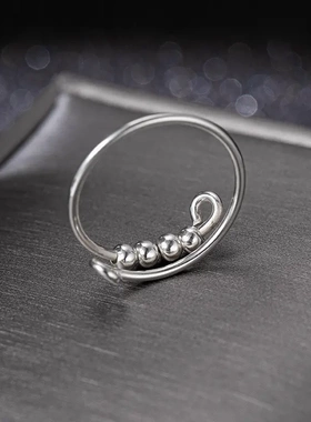 s925银双层圆珠素银戒指女抗焦虑可转动圆珠解压个性食指戒