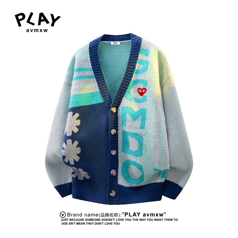 PLAYAVMXW潮牌时尚V领拼色毛衣