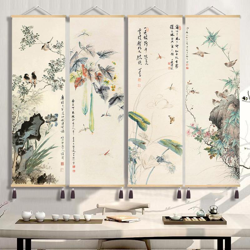 新中式禅意装饰画挂画花鸟工笔仿古画背景墙壁画玄关国画打印布艺