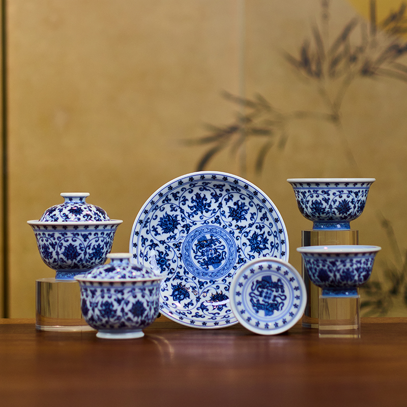 刘建锋窑 缠枝莲套组 景德镇柴窑陶瓷茶具仿古永乐压手杯盖碗壶承