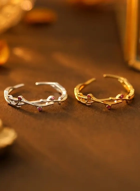 s92银荆棘树枝镶钻戒指女冷淡风开口可调节小众指戒新款潮