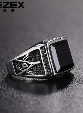r0015-02欧美流行个性共济会男士钛钢戒指 复古宝石潮男戒指