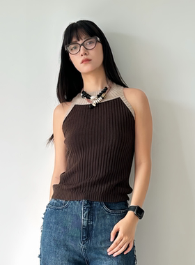 Avante Guardian夏季女装休闲撞色条纹圆领针织吊带背心无袖挂脖