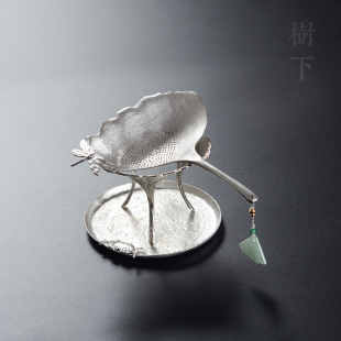 纯手工锡制茶漏器茶过滤网镶银坠银杏树叶架茶漏茶滤创意家用可爱