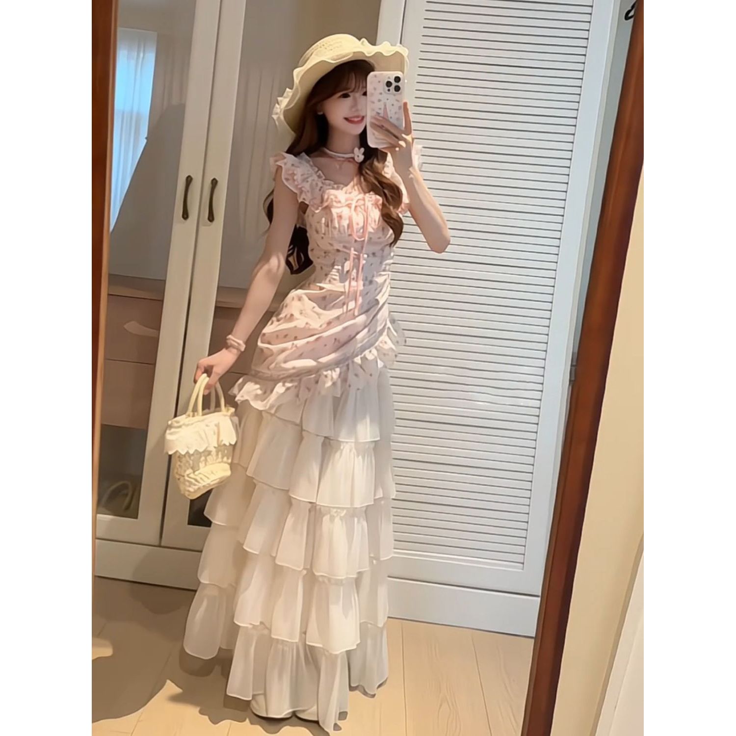花海漫行 温柔甜美少女感粉色碎花小飞袖上衣+蛋糕长裙夏季两件套