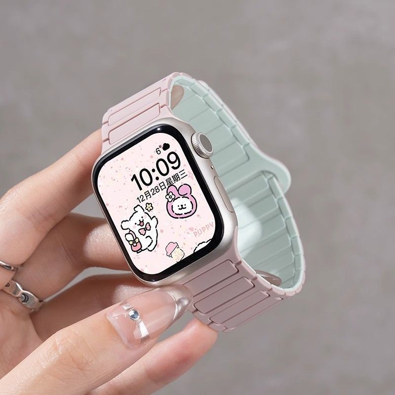 适用于Applewatch硅胶iwatchs10磁吸表带1-9代适用双色苹果手表SE