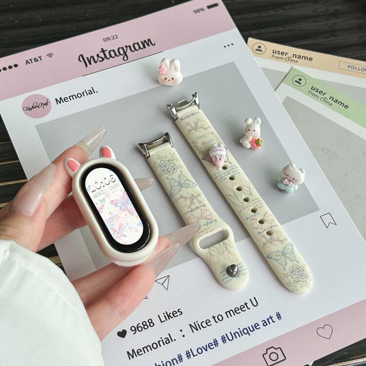 蝴蝶小兔适用小米手环10表带9蝴蝶印花8反扣硅胶7/6/5/4/3NFC腕带