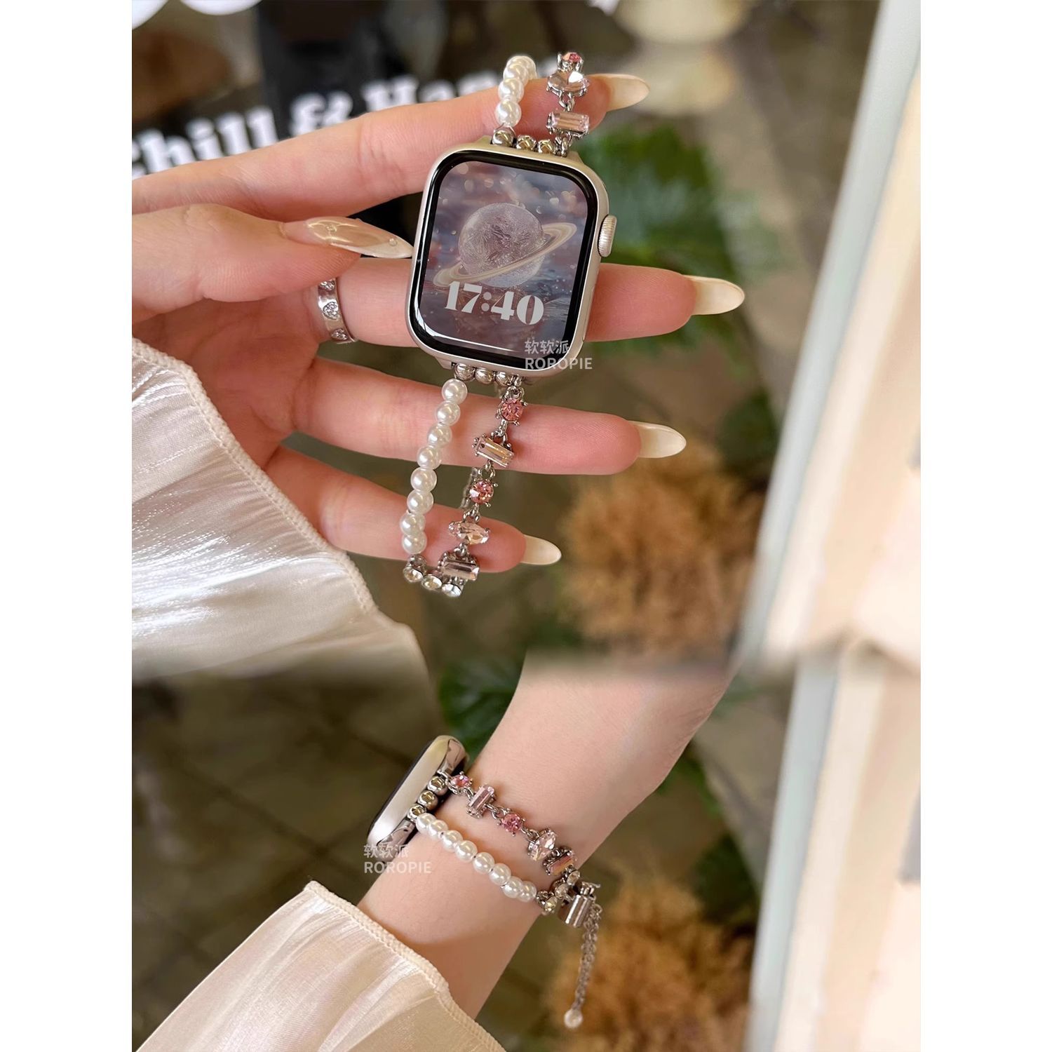 珍珠钻石水晶华为fit4手表watch fit321表带闪亮金属表链男女适用
