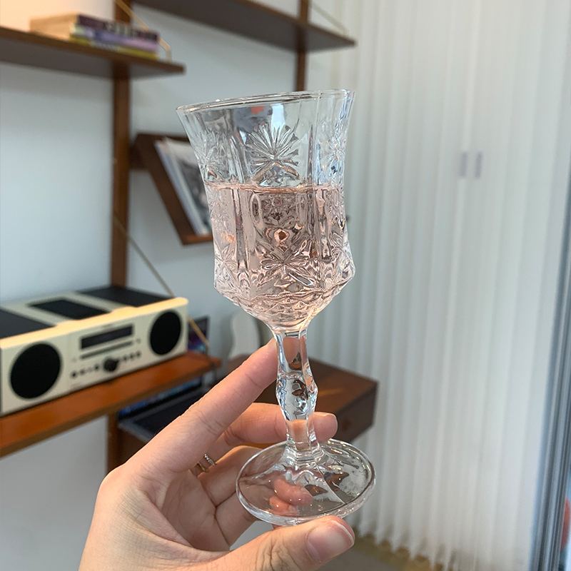 半刻ins风*喇叭仙女玻璃高脚杯大开口简约红酒杯浮雕香槟冷饮杯子