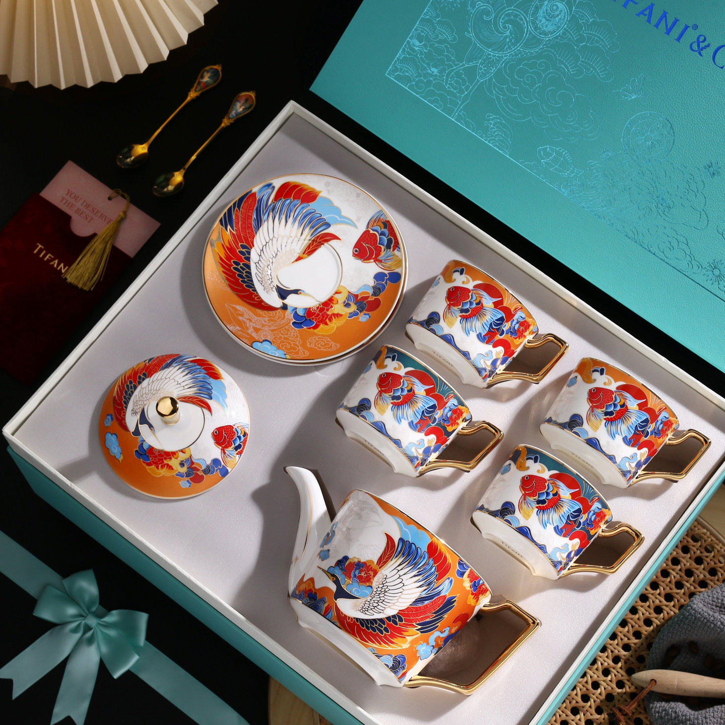 TIFANI鳞羽和呜骨瓷下午茶茶具茶杯茶壶礼盒高档新婚乔迁中秋礼物,餐饮具,整套茶具,淘宝优惠券,粉丝福利购,淘宝优惠卷